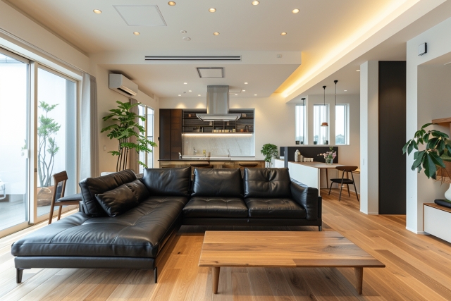 黒い皮のソファーがある家の写真