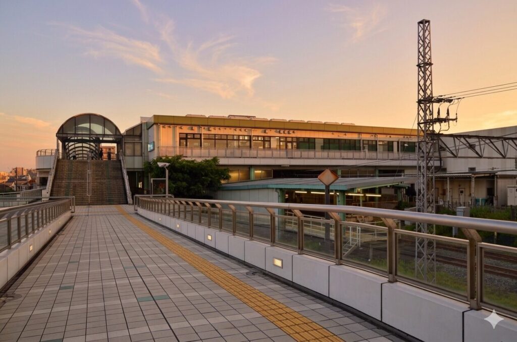 六会日大前駅の外観と夕方の街並み